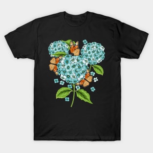 Blue Hydrangea And Butterfly Art T-Shirt